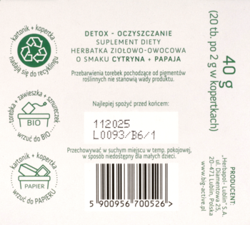 Tył jasnego opakowania suplementu diety Herbapol detox, herbatka cytryna papaja 40g, widoczne symbole.
