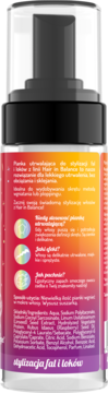 Tył opakowania pianki do fal i loków Hair in Balance, z etykietą o gradienicie różu i pomarańczy.