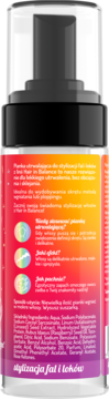 Tył butelki pianki do stylizacji fal i loków Hair in Balance, z barwną etykietą i polskim opisem składu.