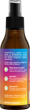 Tył brązowej butelki Hair in Balance Termoochrona w mgiełce, z kolorową etykietą i polskim opisem.