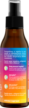 Tył brązowej butelki sprayu Hair in Balance z gradientową etykietą, opisujący termoochronną mgiełkę o zapachu cytrynowego sorbetu.