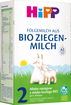 Białe opakowanie HiPP 2 Mleko następne z koziego BIO, z rysunkiem kóz i logo, widok z przodu.