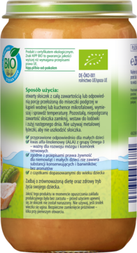 Tył słoiczka HiPP BIO, danie dla dzieci 12m+, zielona etykieta z instrukcją użycia i info o Omega-3.