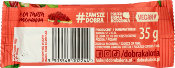 Tył opakowania wegańskiego batona z orzechów nerkowca i malin, z kodem kreskowym i wagą 35 g.