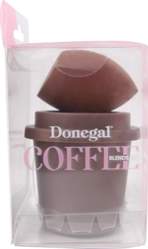 Brązowy Donegal Blending Sponge do podkładów z etui kubek kawy, w przezroczystym opakowaniu.