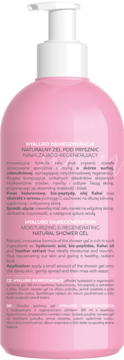 Różowy naturalny żel pod prysznic HYALURO BIOREGENERACJA, tył opakowania z widoczną pompką i opisem.