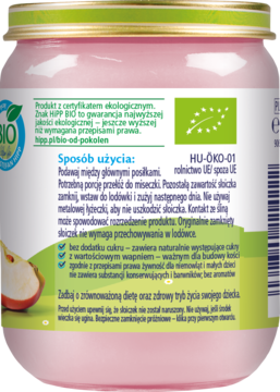 Tylna etykieta słoiczka HiPP BIO Owoce & Jogurt, zielona, z logo BIO i tekstem 'bez dodatku cukru'.