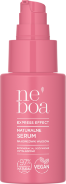 Różowa butelka z pompką serum Neboa Express Effect na końcówki włosów, widok z przodu.