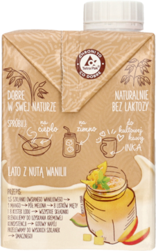 Tył kartonu waniliowego napoju owsianego UHT z wapniem i witaminami, z ilustracjami i przepisem na lato.
