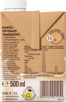 Tył kartonu napoju owsianego waniliowego Grana 500ml z wapniem i witaminami, widok tabeli odżywczej.