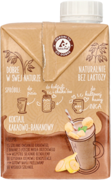 Brązowy karton napoju owsianego kakaowo-bananowego Dobry, bez laktozy, widok z przodu.