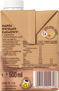 Tył brązowego kartonowego opakowania napoju owsianego kakaowego Grana, 500 ml, z tabelą wartości odżywczych i kodem kreskowym.