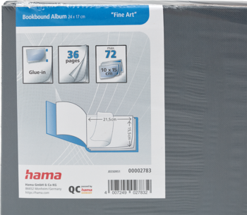 Hama Bookbound Album 24x17 cm, 36 kartek, szary, klejony, z napisem Fine Art, w folii, z przodu.