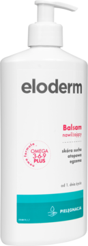 Balsam nawilżający Eloderm w białej butelce z pompką, widok z przodu, dla skóry suchej i atopowej, z Omega 3-6-9 PLUS.