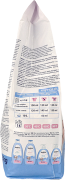 Tył opakowania hipoalergicznego proszku Bobini Baby 2 kg, z instrukcjami prania, temperaturami i 4 butelkami.