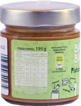 Tył słoika Basia Basia Pistacjolada. Zielona etykieta z tabelą wartości odżywczych i masą netto 195 g.