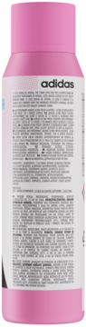 Boczny widok różowego antyperspirantu Adidas Ultra Fresh Control. Biała etykieta z drobnym tekstem info i logo.