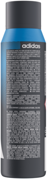 Tył męskiego antyperspirantu w sprayu Adidas Sport Fresh, niebiesko-szara puszka z etykietą i składem.