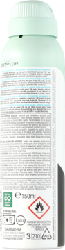 Tył antyperspirantu Garnier w jasnym odcieniu zieleni, z białą etykietą i opisem: niewidoczny na tkaninach.