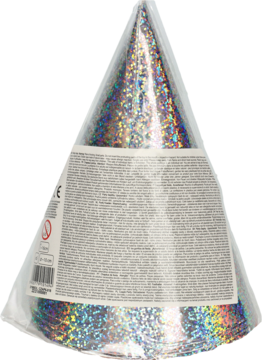 Zestaw 6 holograficznych czapeczek imprezowych, srebrnych, stożkowych, zapakowanych w folię, widok z boku.