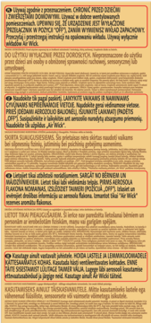 Tył beżowego opakowania Air Wick Freshmatic, widok z bliska na wielojęzyczne ostrzeżenia i instrukcje użytkowania.