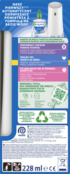 Tył opakowania Air Wick Active Fresh 228ml, automatyczny odświeżacz z formułą na bazie wody, z kodem QR.
