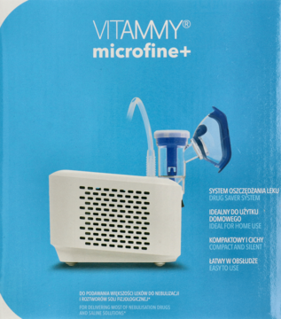 Vitammy Microfine+ inhalator kompresorowy, biały z niebieską maską i rurką, widok z przodu na opakowaniu.
