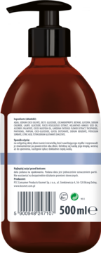 Tył brązowej butelki odżywczego mydła w płynie 500ml z czarną pompką, etykieta ze składem i kodem kreskowym.