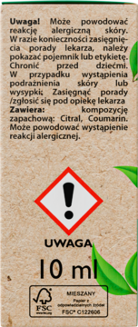 Tył brązowej etykiety olejku zapachowego De Stress 10 ml z ostrzeżeniem alergicznym i logo FSC.