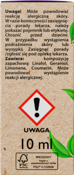 Tył brązowego opakowania olejku zapachowego Sweet Dream 10 ml, z ostrzeżeniami o alergenach i symbolem zagrożenia, logo FSC.