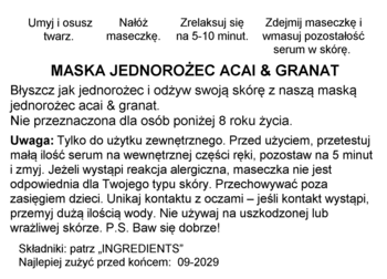 Etykieta maski jednorożec Acai & Granat. Zawiera instrukcje użycia, ostrzeżenia i datę ważności 09-2029.