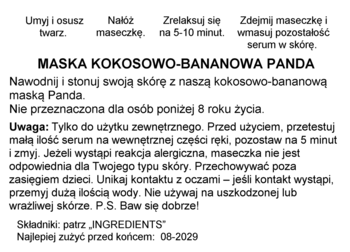 Etykieta maseczki Panda kokosowo-bananowej, nawilżającej. Tekst z opisem produktu, użyciem i ostrzeżeniami.