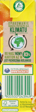 Tył kartonu Hortex Leon i Przyjaciele, z informacją o 83% pochodzeniu roślinnym i certyfikatem FSC.