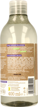 Tył butelki wegańskiego płynu micelarnego 400ml, z brązową etykietą i tekstem o naturalnych składnikach.