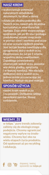 Opis kremu pod oczy tołpa.® na kartonowym opakowaniu, o działaniu nawilżającym i redukującym zmęczenie.