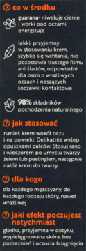 Infografika Tołpa Men o kremie pod oczy: skład (guarana, 98% naturalnych), użycie, dla kogo, efekty.
