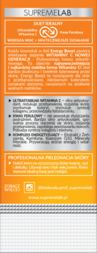 Pomarańczowy tył opakowania kremu Supremelab Energy Boost. Szczegóły działania witaminy C i kwasu ferulowego.