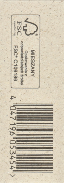 Tylna strona opakowania mydła Alterra z beżowego kartonu. Widoczny kod kreskowy i logo FSC MIESZANY C109186.