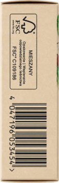 Bok jasnobrązowego opakowania mydła Alterra, z kodem kreskowym oraz certyfikatem FSC Mixed C109186.