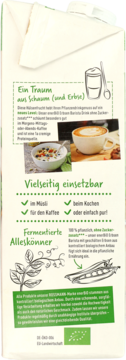 Tył opakowania enerBio Barista napoju z groszku, bez cukru, z informacjami o zastosowaniach.