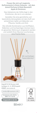 Domol Perfume & Style dyfuzor Apple & Cinnamon, szklana butelka z czarną nakrętką, patyczki i cynamon.