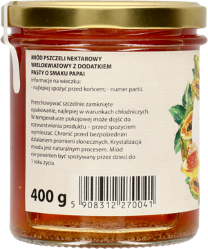 Tył szklanego słoika miodu pszczelego wielokwiatowego z papają, 400g. Jasna etykieta z tekstem i kodem.