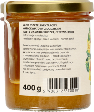 Tył szklanego słoika miodu pszczelego nektarowego z gruszką, cytryną i imbirem, widoczna etykieta 400g.
