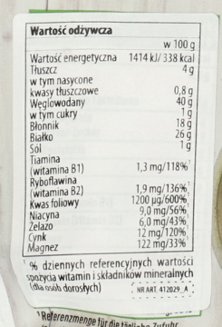 Tabela wartości odżywczych produktu enerBiO: energia, białko, węglowodany, tłuszcz i witaminy na 100g.