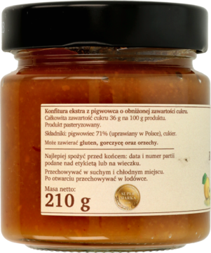 Tył szklanego słoika konfitury z pigwowca o obniżonej zawartości cukru, widoczna etykieta 210g.