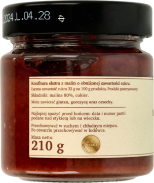 Tył słoika konfitury malinowej z obniżoną zawartością cukru 210g. Widoczna etykieta ze składem.