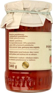 Tylna strona słoika przecieru pomidorowego 340g, z widoczną etykietą, składem i datą ważności.