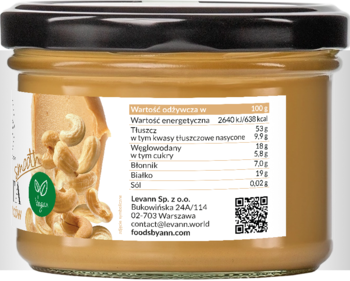 Tył słoika z pastą z nerkowców Levann, beżowa etykieta z tabelą wartości odżywczych, adresem i logo Vegan.