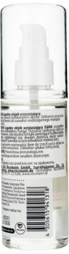 Tył butelki ISANA Łagodny olejek oczyszczający 100ml, transparentna z białą pompką, widoczna polska etykieta z tekstem.