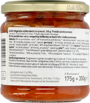 Tylna etykieta wegańskiego dania EnerBio Currywurst w szklanym słoiku, widoczne polskie napisy.